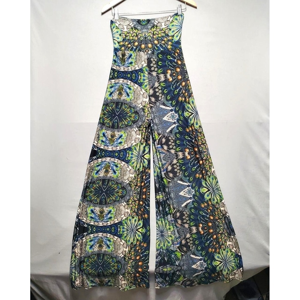 True Light USA Y2K Mandala Peacock Wide Leg Jumpsuit Women S Blue Strapless Boho - Picture 2 of 12